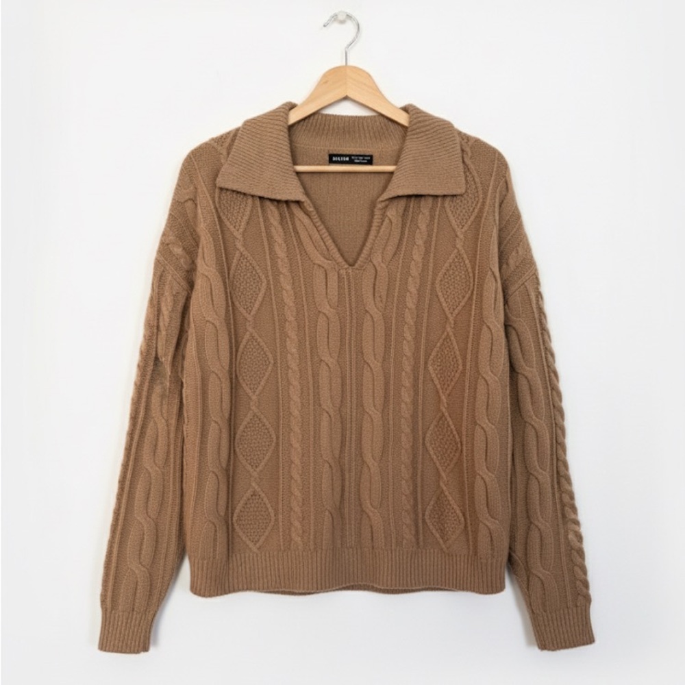 SHEIN Brown V-Neck Cable Knit Sweater